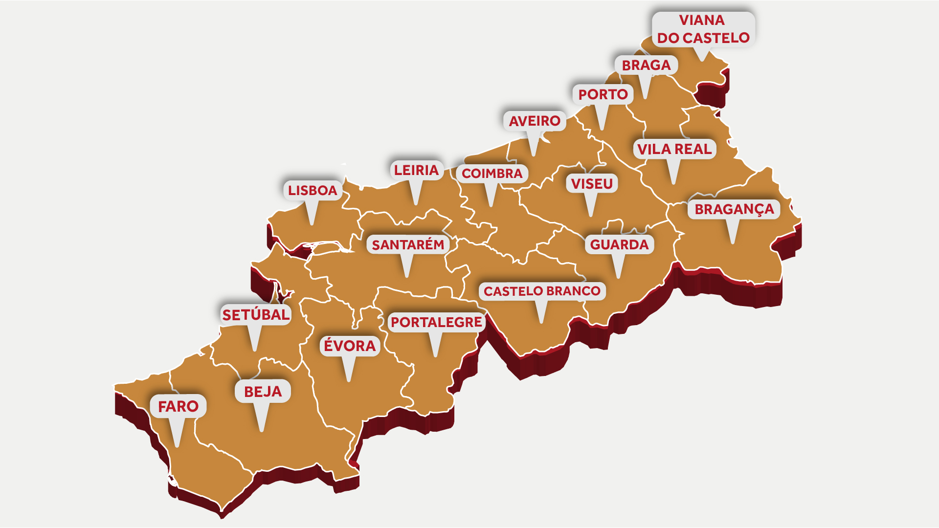 Mapa de Portugal segundo os distritos divididos nos quartis dos