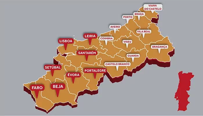 Mapa de Portugal segundo os distritos divididos nos quartis dos I2PC